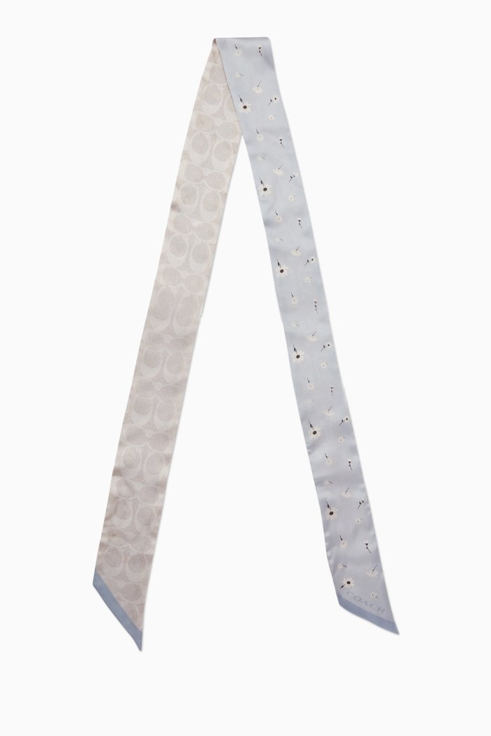 

Daisy Script Skinny Scarf in Silk, Blue