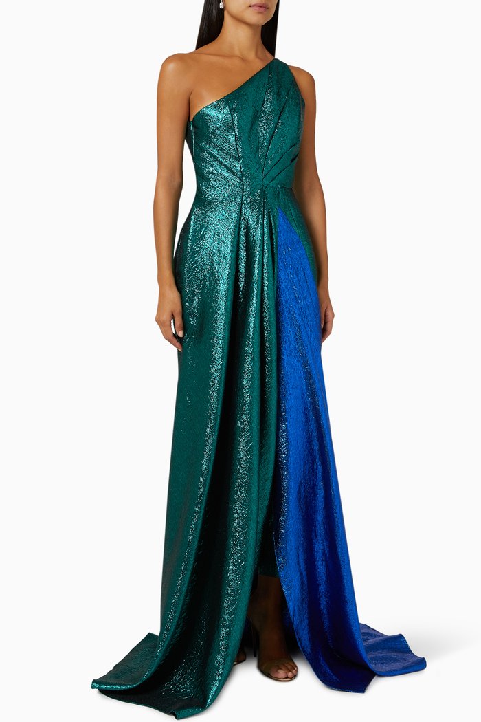 

One-shoulder Gown in Metallic Rayon, Blue