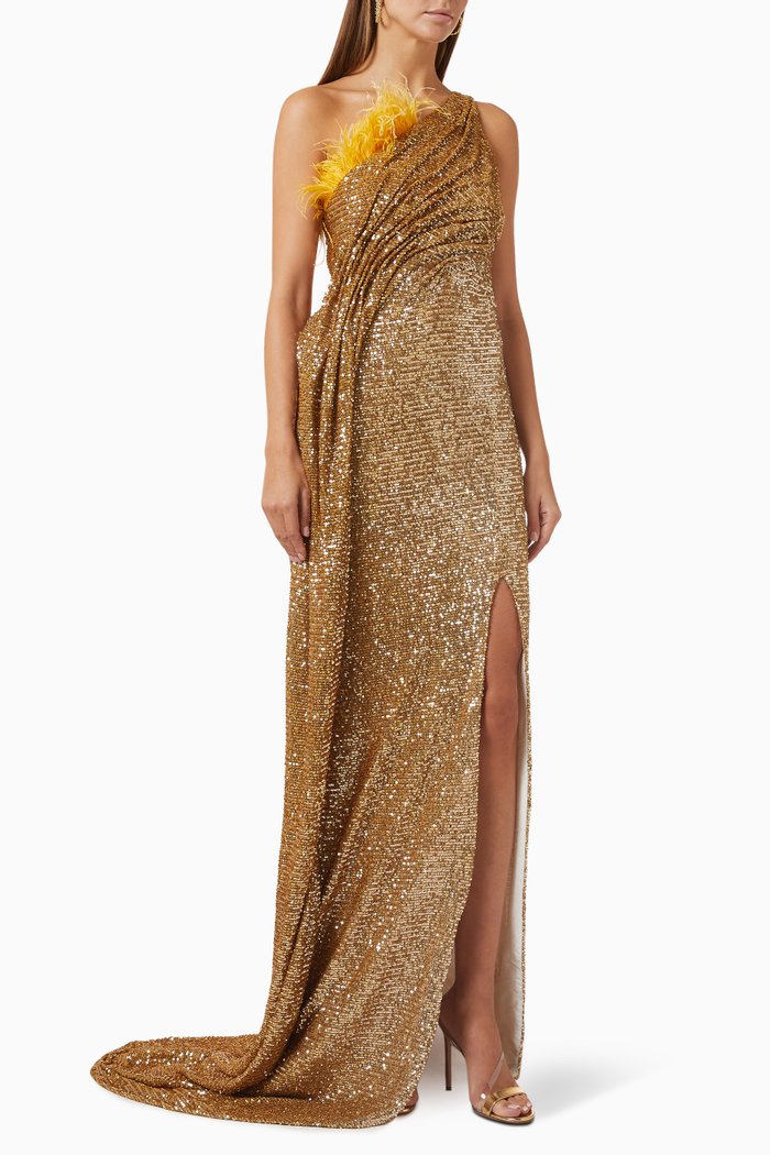 

Feather-trimmed Embellished Gown in Stretch-rayon, Yellow