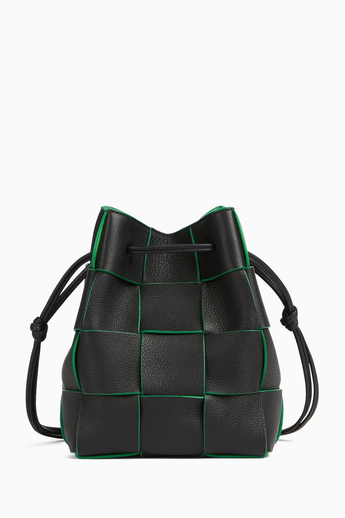 

Small Cassette Bucket Crossbody Bag in Intrecciato Leather, Black