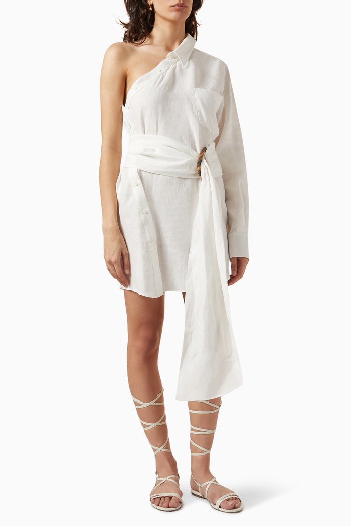 

Blake Asymmetric Shirt Dress in Linen, White
