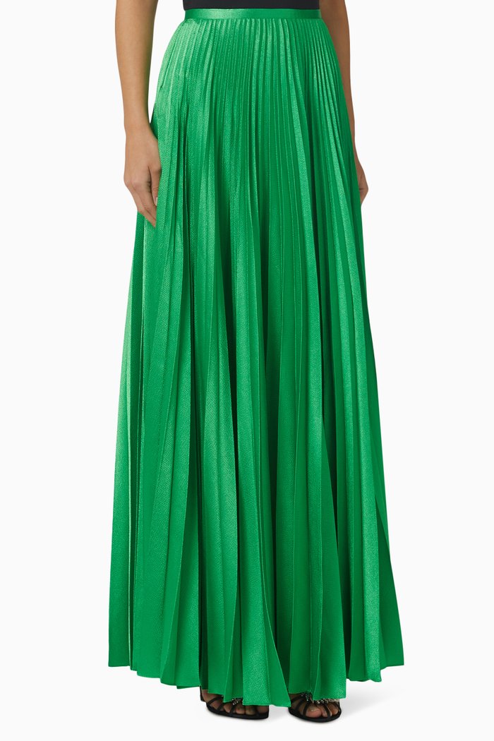 

Henley Pleated Maxi Skirt in Metallic-crepe, Green