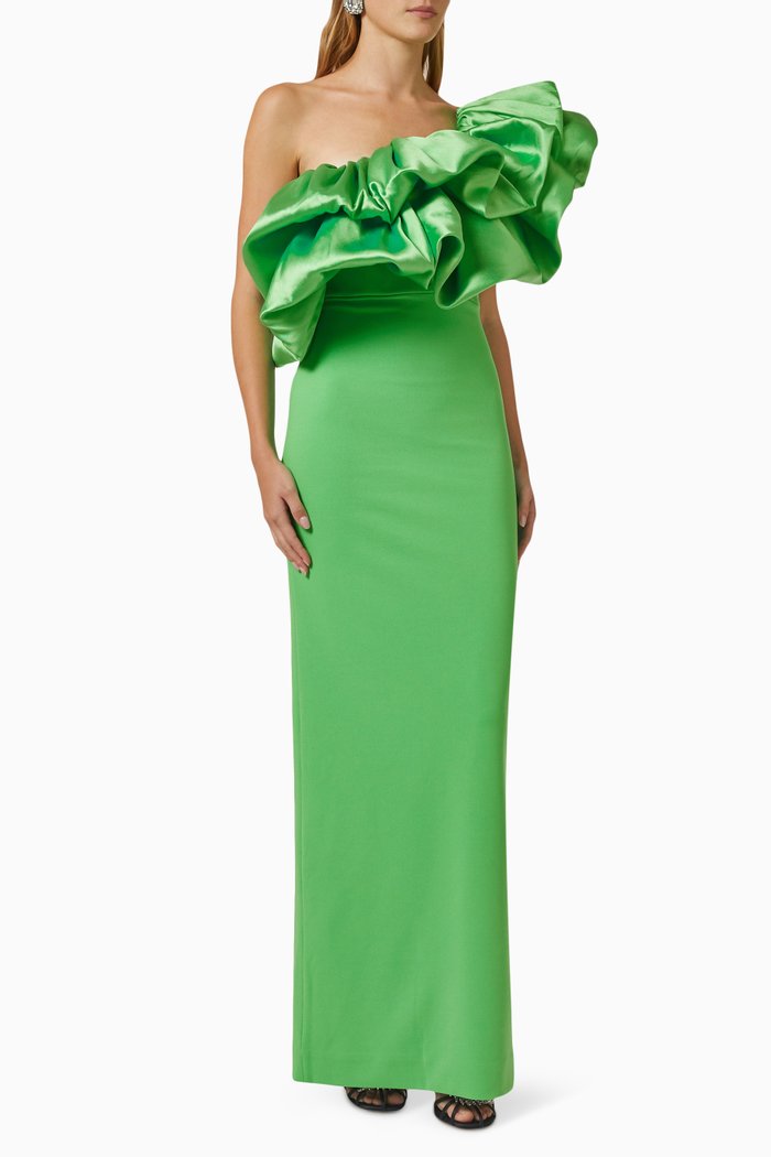 

Ellis Ruffle Maxi Dress in Crepe, Green