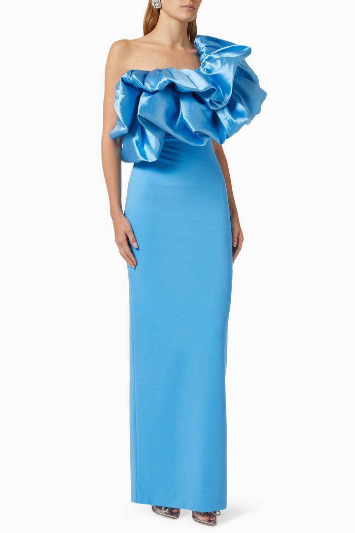 

Ellis Ruffle Maxi Dress in Crepe, Blue