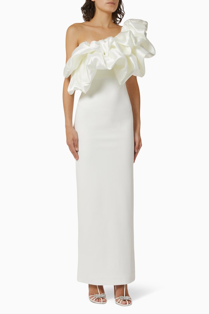 

Ellis Ruffle Maxi Dress in Crepe, Neutral
