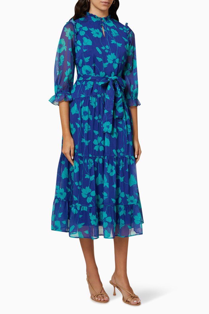 

Lyla Floral-print Frill Midi Dress in Recycled Crêpe, Blue