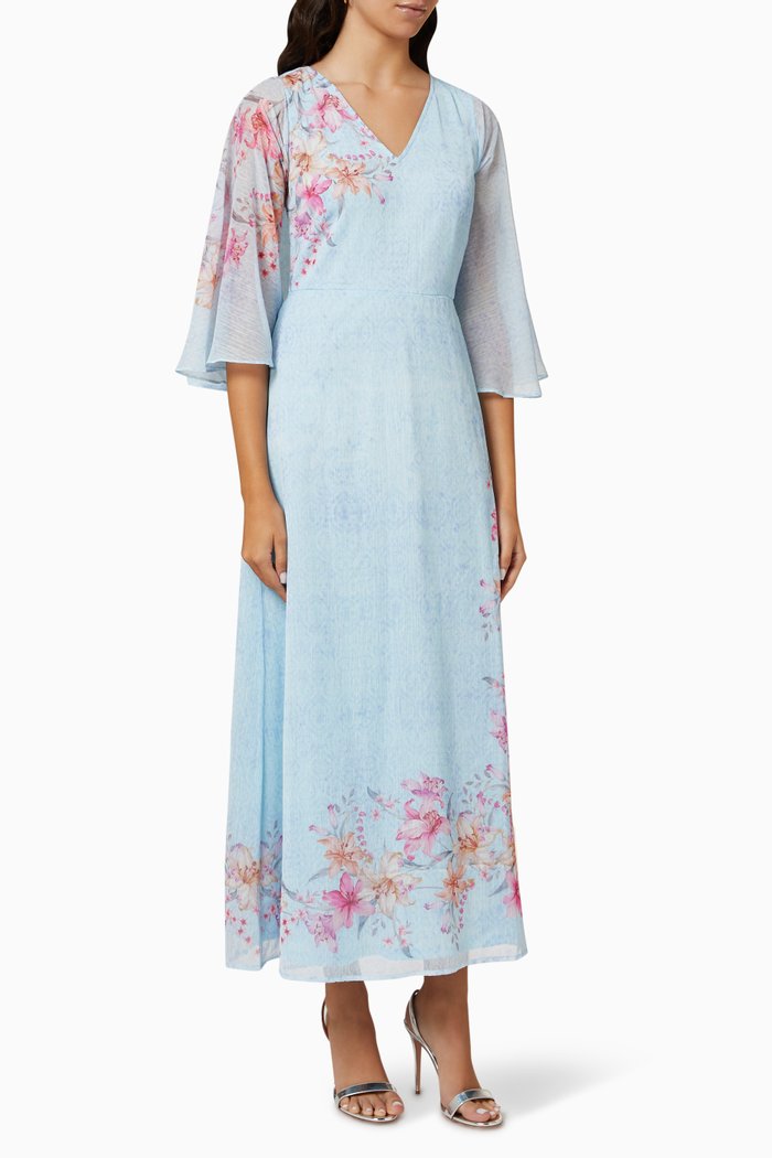 

Cape-cut Floral-print Maxi Dress in Recycled Crêpe, Blue