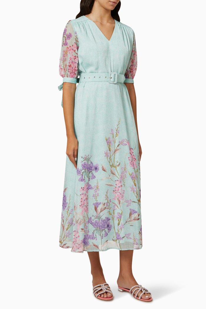 

Belted Floral-print Midi Dress in Crêpe, Green