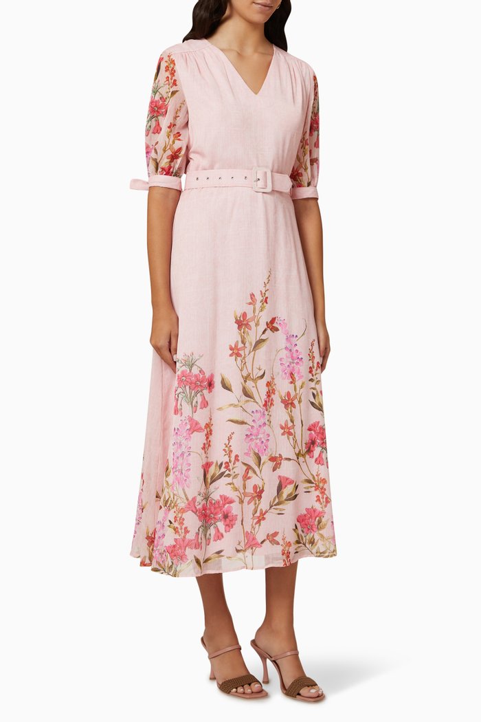 

Belted Floral-print Midi Dress in Crêpe, Pink