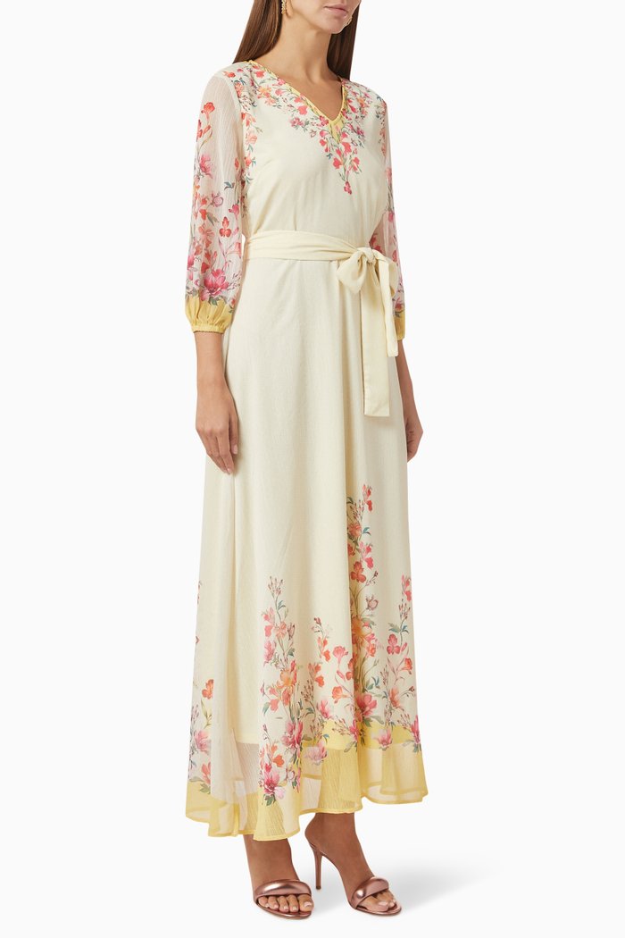 

V-neck Floral-print Maxi Dress in Crêpe, Yellow