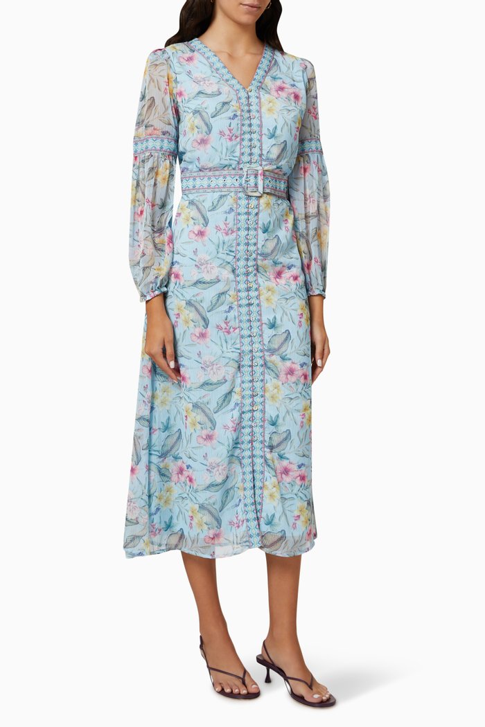 

Belted Floral-print Midi Dress in Crêpe, Blue
