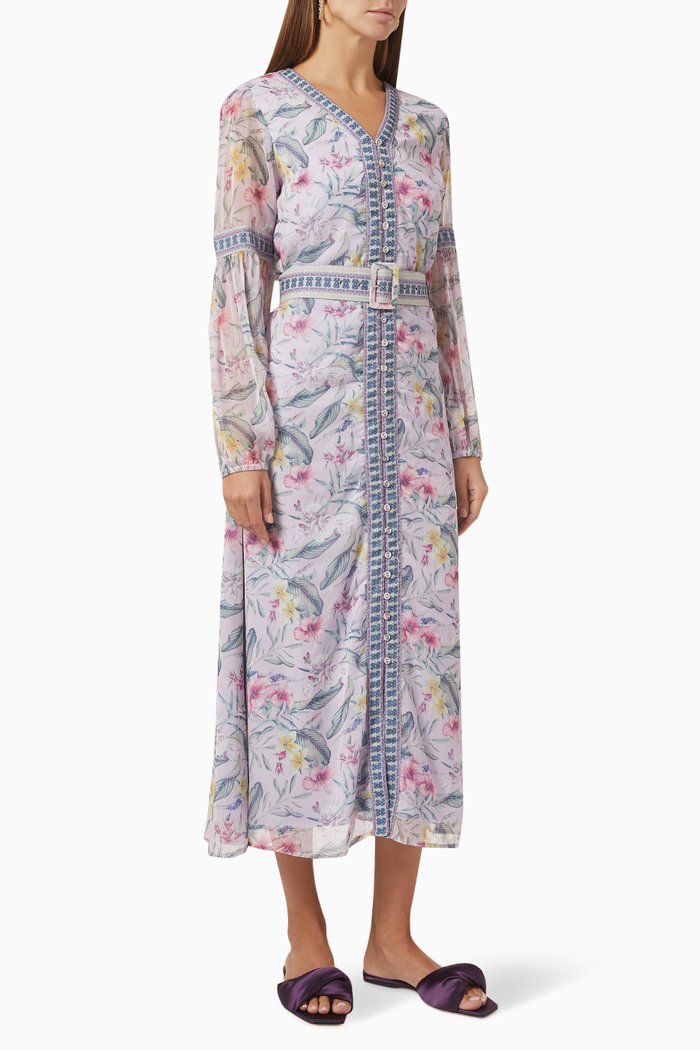

Belted Floral-print Midi Dress in Crêpe, Purple