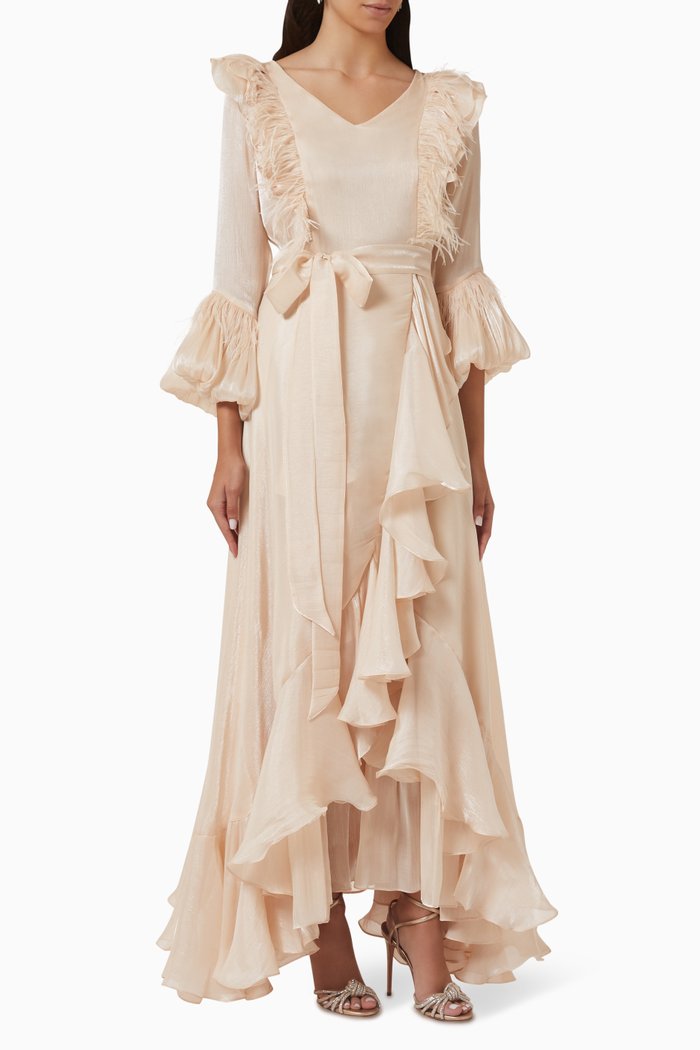 

Ruffled Maxi Dress in Satin, Neutral