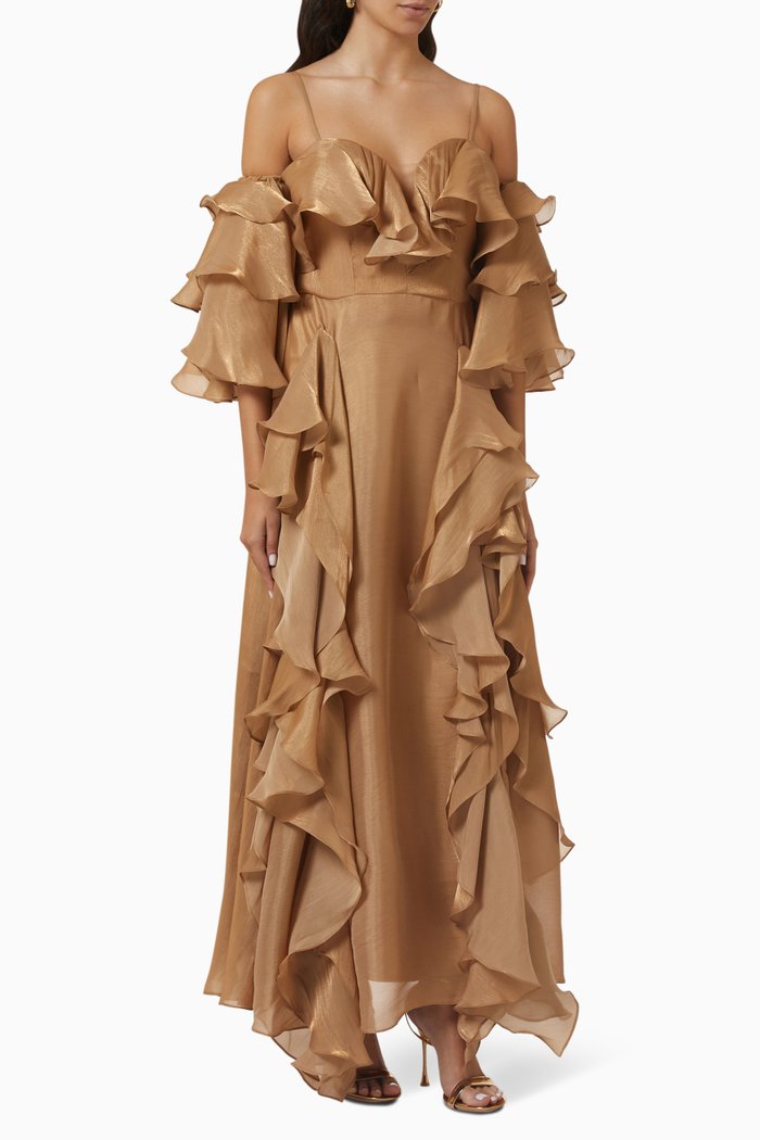 

Ruffled Cold-shoulder Maxi Dress, Gold