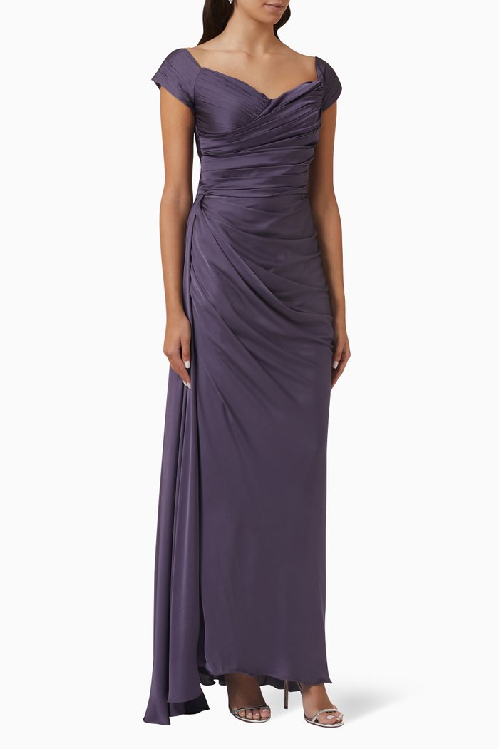 

Draped Slit Maxi Dress in Satin, Grey