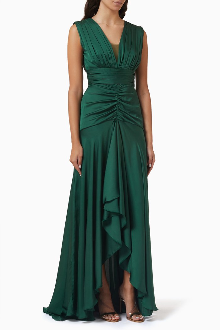 

High-low Maxi Dress in Satin, Green