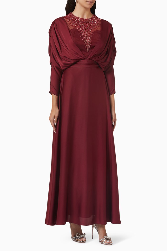 

Crystal-embellished Maxi Dress in Satin, Red