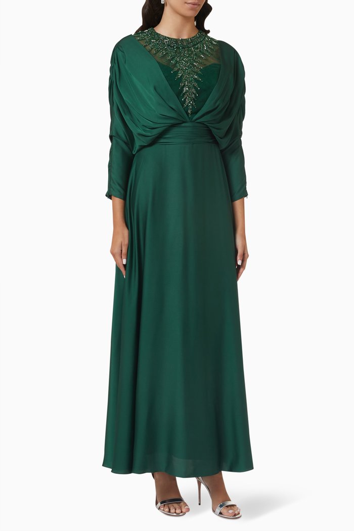

Crystal-embellished Maxi Dress in Satin, Green