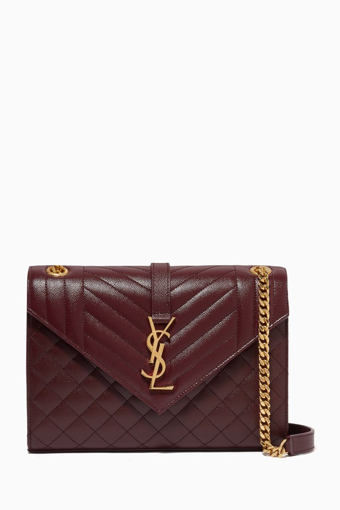 

Medium Envelope Chain Shoulder Bag in Matelassé Leather, Burgundy