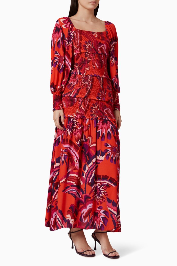 

Chevron Forest Smocked Maxi Dress in Viscose, Orange