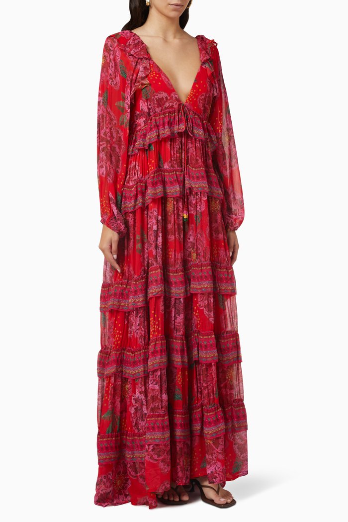 

Shiny Flowers Maxi Dress in Viscose, Red