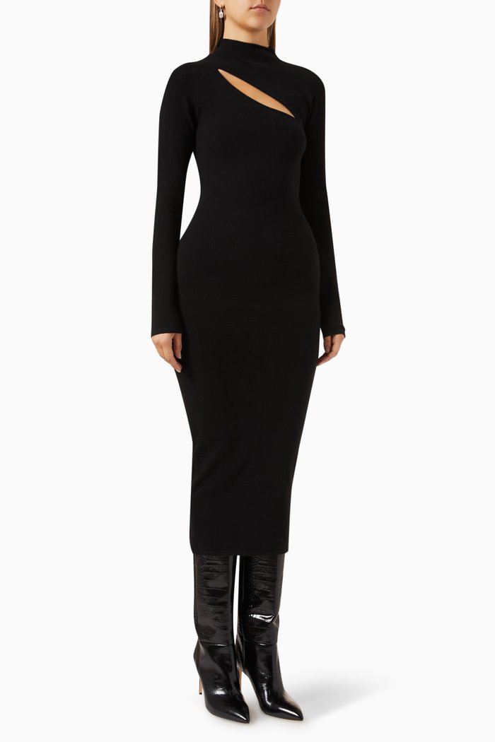 

Slit Funnel Midi Dress in Neoprene, Black