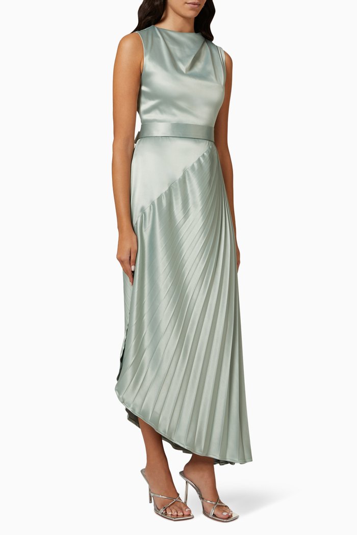 

Asymmetric Pleated Dress in Satin, Green