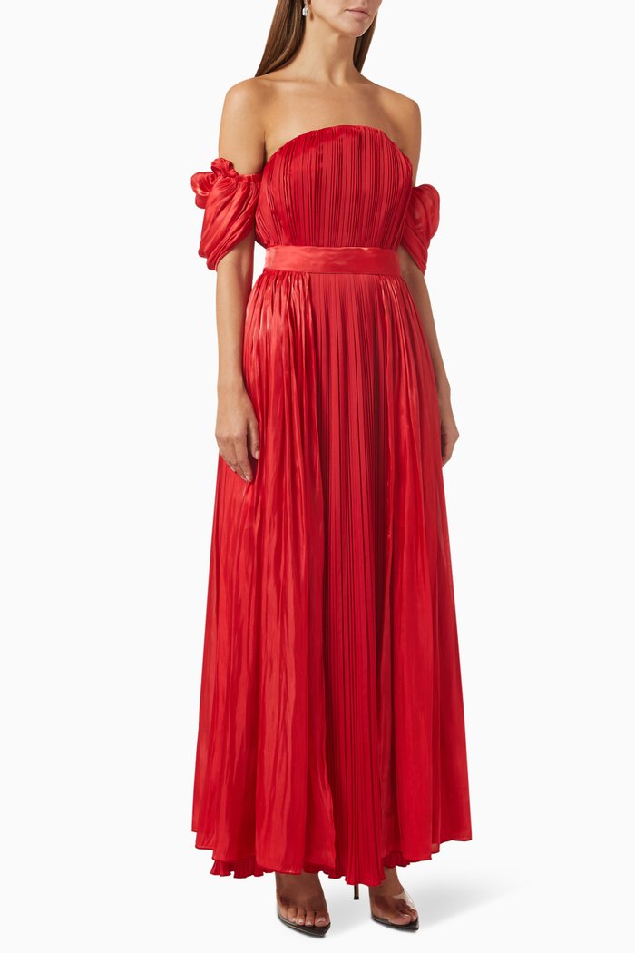 

Pleated Off-shoulder Maxi Dress, Red