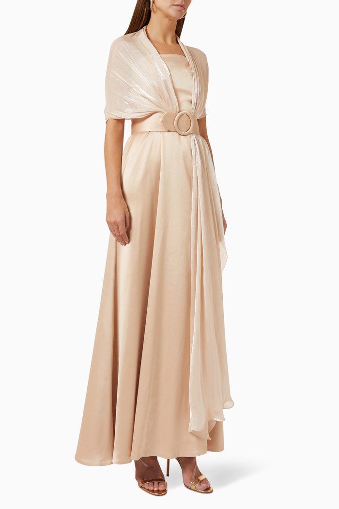 

Belted Maxi Dress in Satin, Neutral