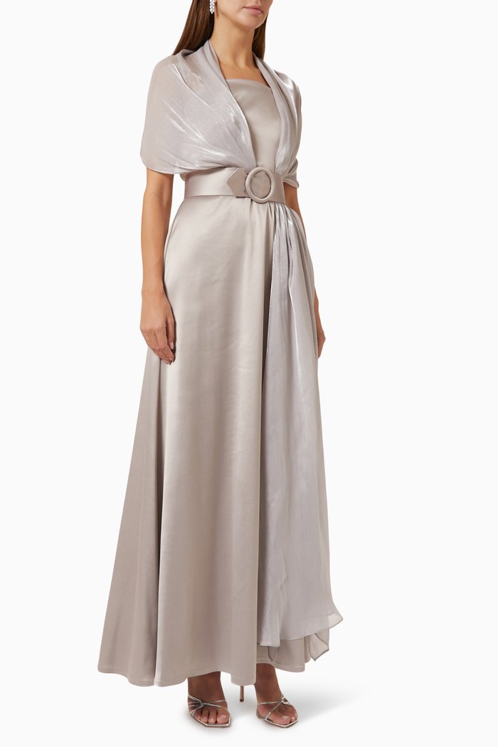 

Belted Maxi Dress in Satin, Grey