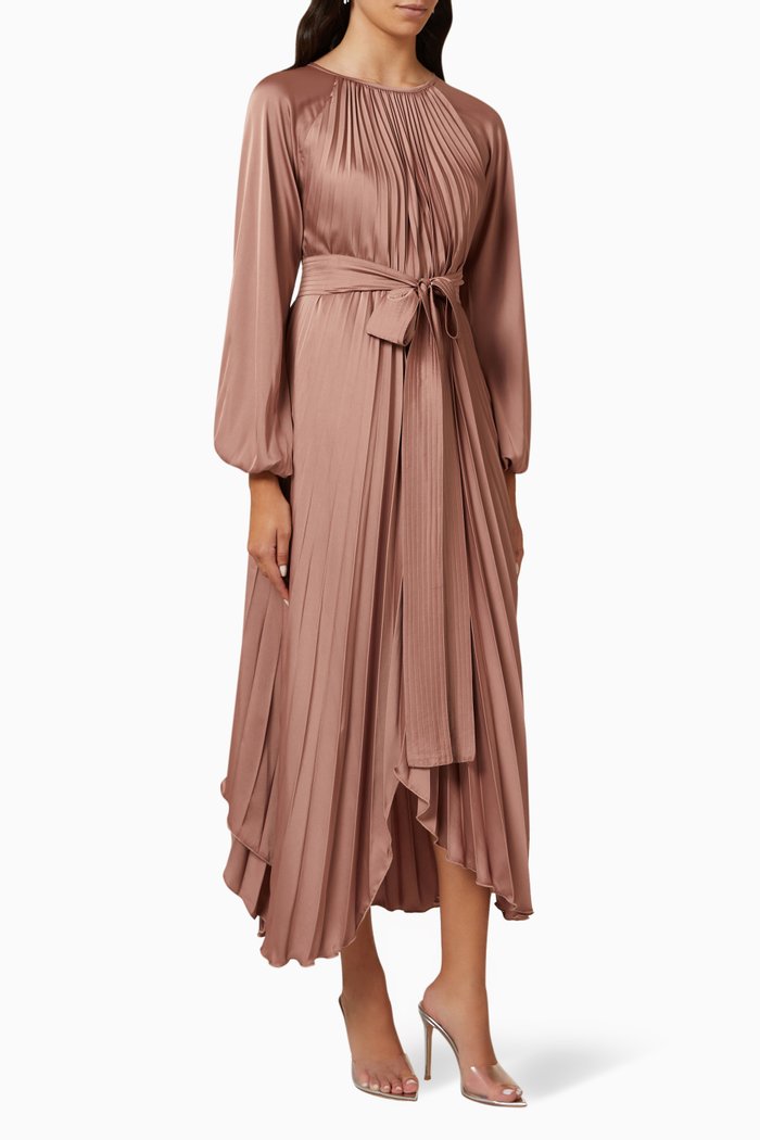 

Asymmetric Pleated Midi Dress, Brown