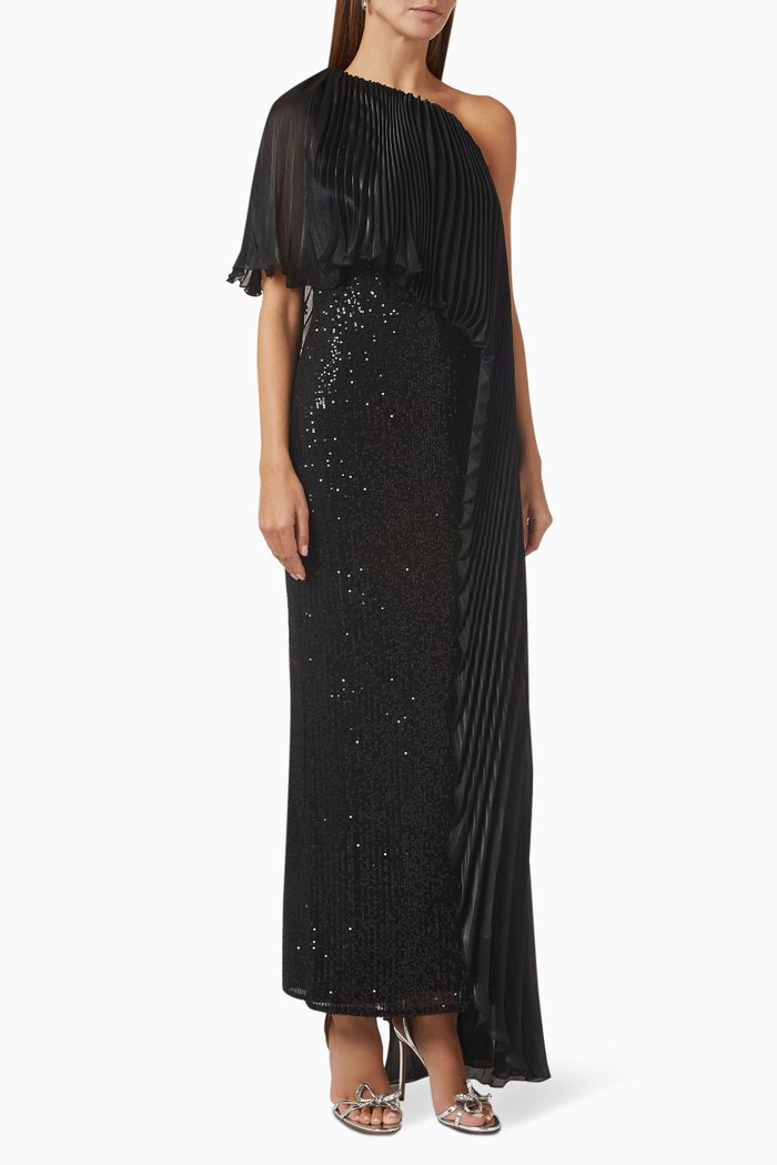 

One-shoulder Maxi Dress in Sequin, Black