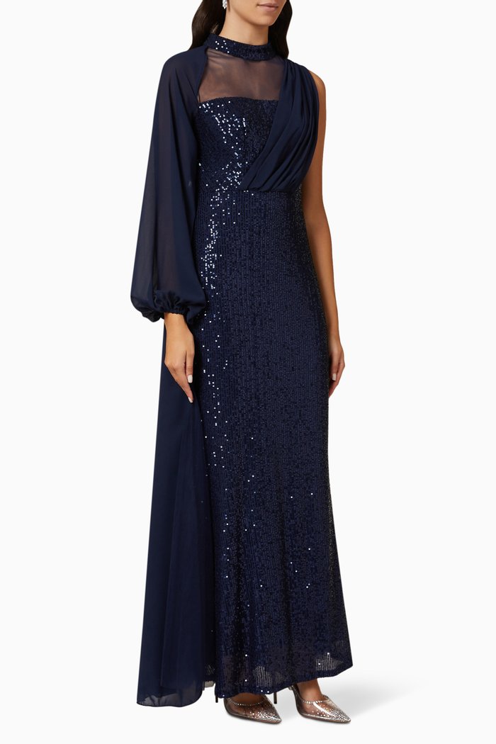 

One-sleeve Maxi Dress in Sequin, Blue