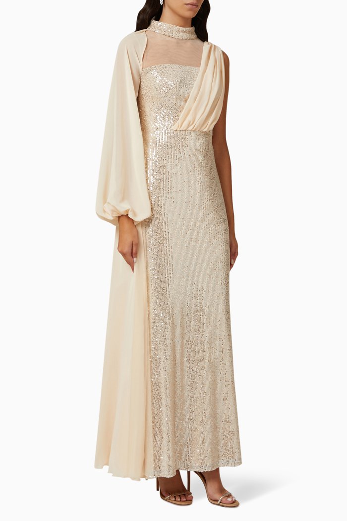 

One-sleeve Maxi Dress in Sequin, Neutral
