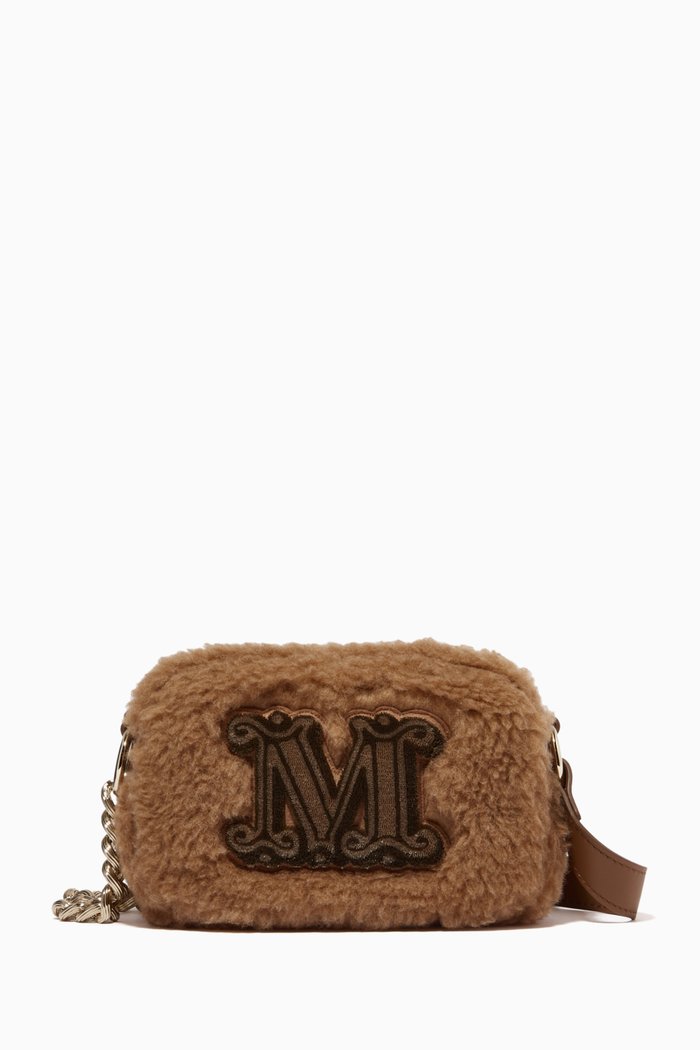 

Logo Teddy Camera Shoulder Bag in Camel Wool & Silk-blend, Brown