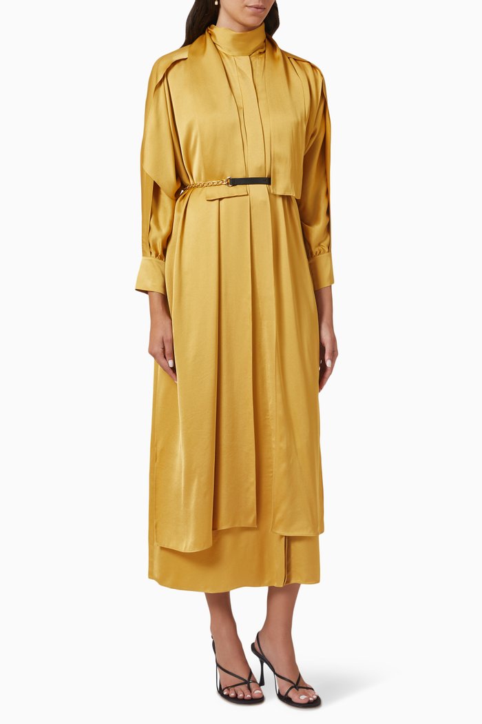 Long Sleeve Belted Dress in Satin, Yellow