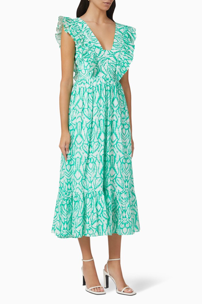 

Victoria Printed Midi Dress in Cotton, Green