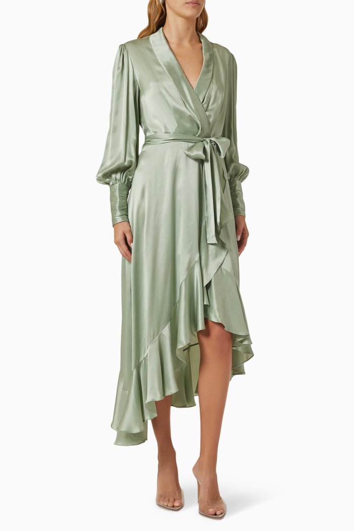 

Wrap Midi Dress in Silk, Green