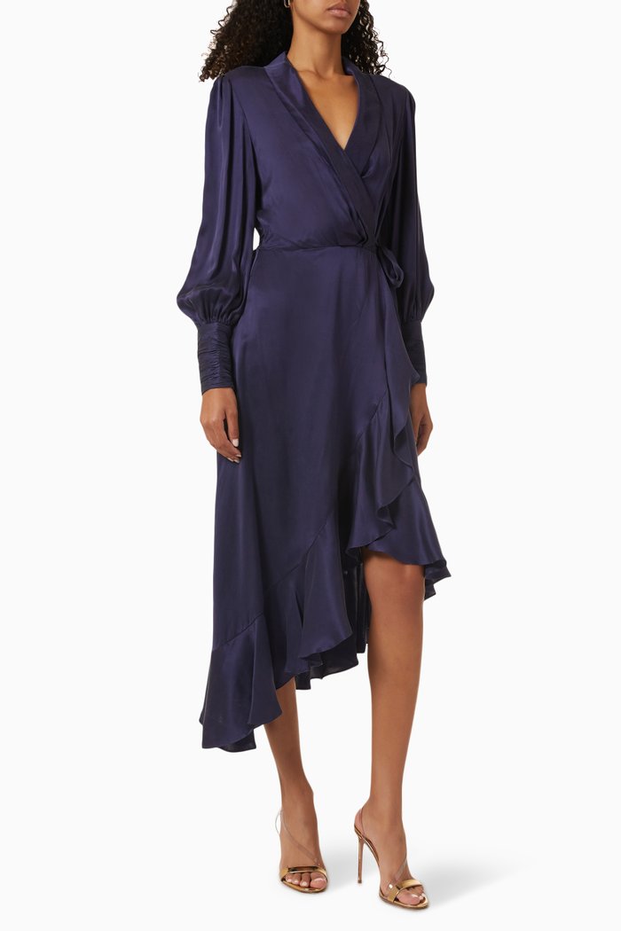 Wrap Midi Dress in Silk, Blue