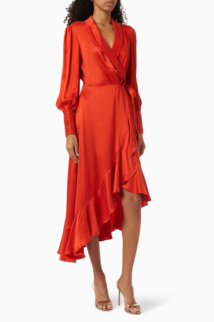 Wrap Midi Dress in Silk, Red