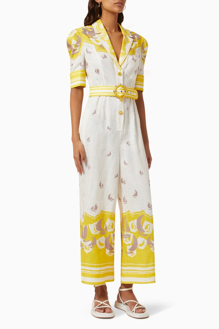 

High Tide Belted Jumpsuit in Linen, Yellow