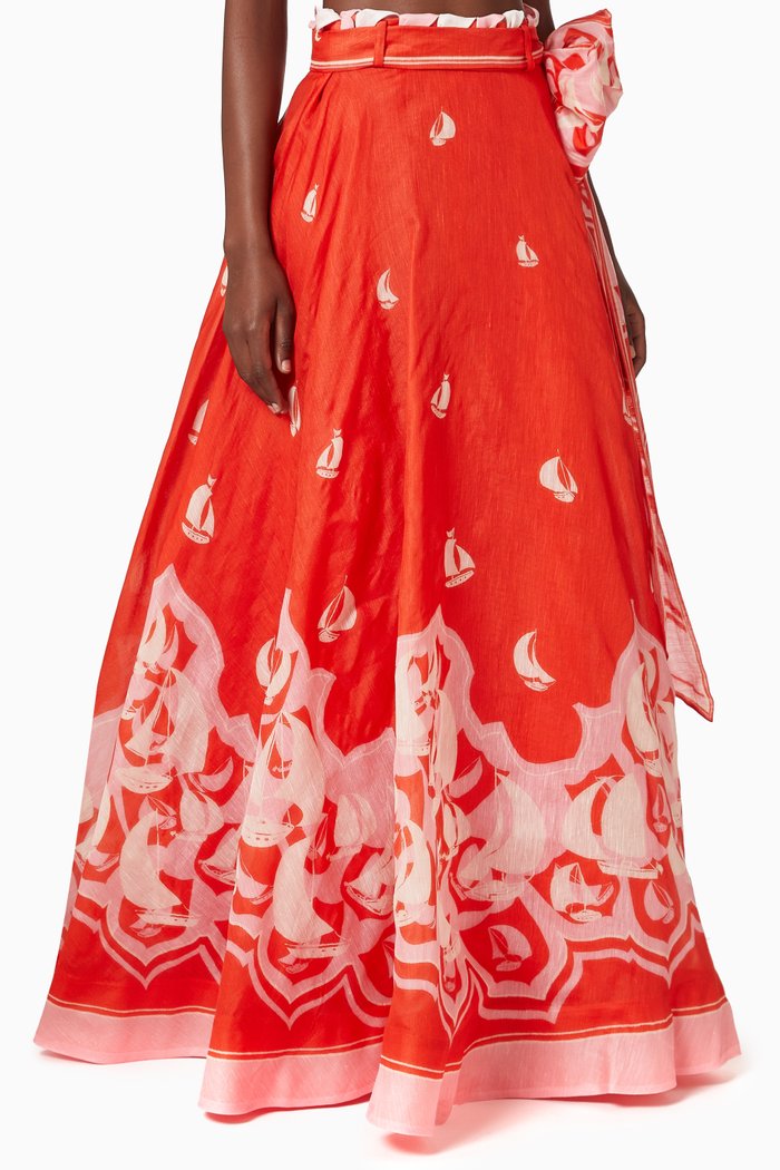 

High Tide Eyelet Maxi Skirt in Silk-linen, Red