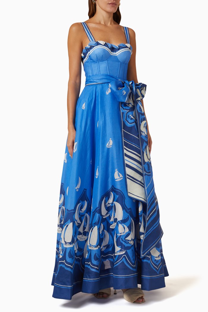 

High Tide Eyelet Maxi Dress in Linen Silk Blend, Blue