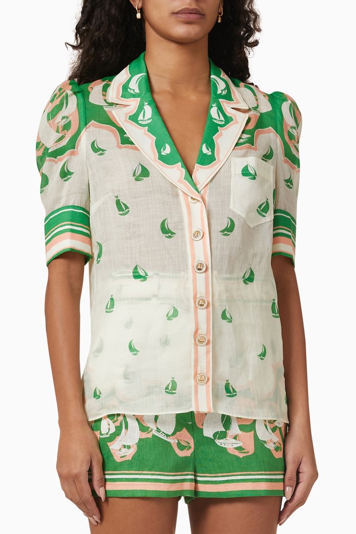 

High Tide Sailboats Shirt in Ramie, Green
