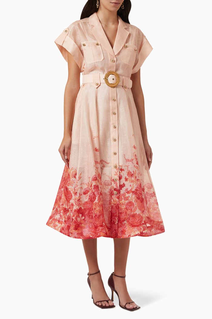 

High Tide Shirt Midi Dress in Silk-linen, Pink