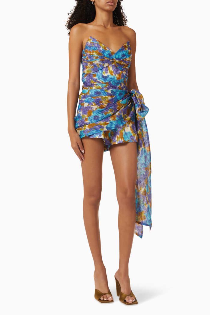 

High Tide Wrap Playsuit in Linen, Blue