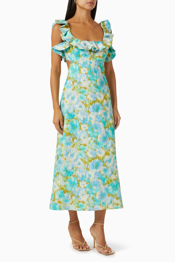 

High Tide Frilled Midi Dress in Linen, Blue