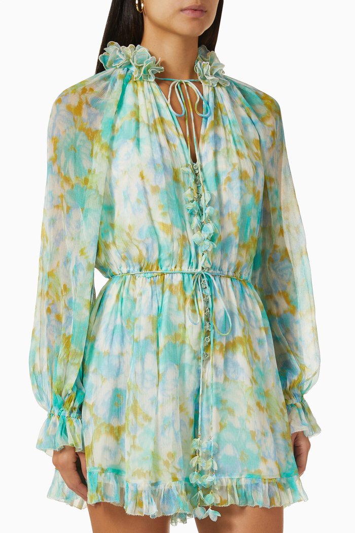 

High Tide Flutter Playsuit in Silk, Blue