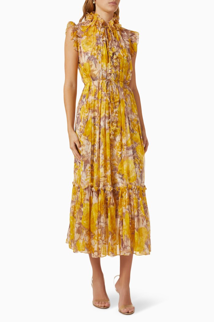 

High Tide Flutter Midi Dress in Silk, Yellow