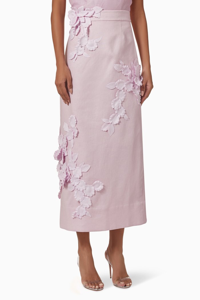 

High Tide Flower Midi Skirt in Linen, Purple